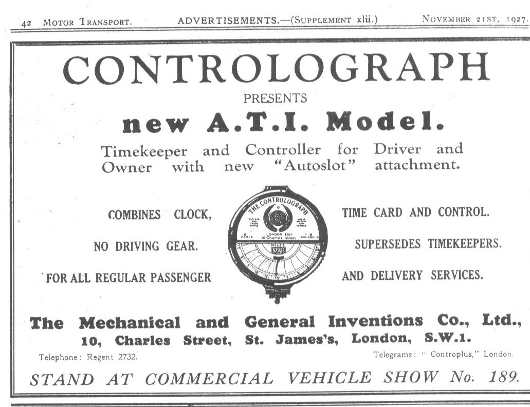 advertisement for Controlograph recorder from Motor Transport dated November 21st 1927